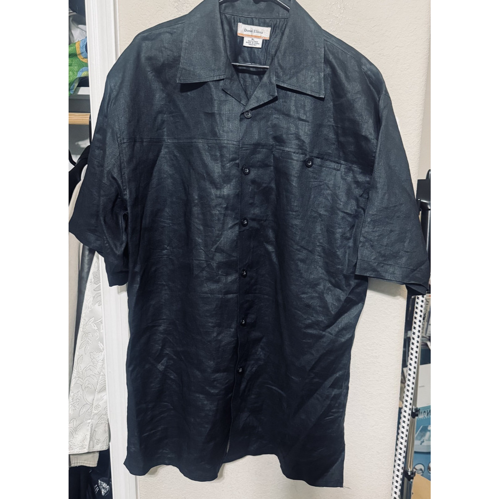 Daniel Ellissa Shirt Mens XL Black 100% Linen Camp Collar Pocket Button Up
